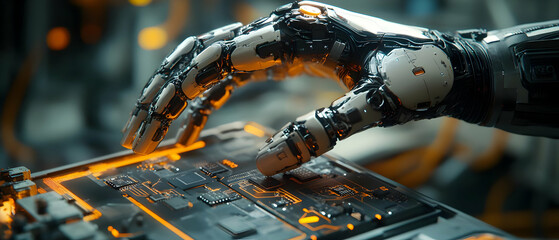 A futuristic robotic hand interacting with a complex circuit board, showcasing advanced technology and design.