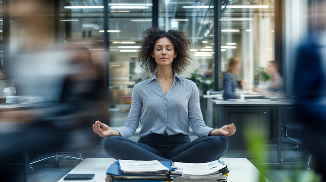 a businesswoman meditates on the desk of an open plan office
