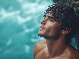 A young man with curly hair, enjoying a moment of tranquility by the water, surrounded by natural beauty.