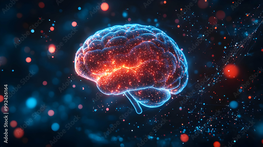 Wall mural glowing digital representation of a brain with colorful particles on a dark background.