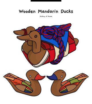This illustration is a 'wooden mandarin ducks' that was presented to the bride and groom at a traditional Korean wedding.