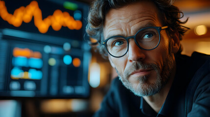 Focused professional analyzing market trends with graphs on digital screen.
