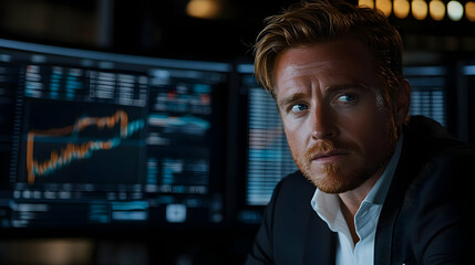 Fototapeta premium A focused businessman analyzing data on multiple screens in a modern office setting.