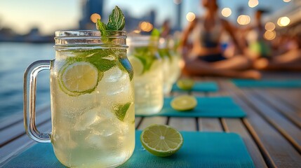 Refreshing Wampee fruit ginger tonic served crystalclear glass pitcher chic rooftop wellness deck fitness enthusiast practicing yoga bright city light softly glowing behind promoting modern healthy
