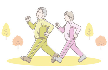 ウォーキングをするシニア夫婦のイラスト（長袖）