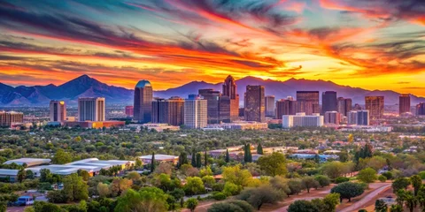 Acrylglasbilder Arizona Vibrant skyline of Phoenix Arizona at sunset, Phoenix, Arizona, skyline, cityscape, desert, Southwest, sunset  © Udomner