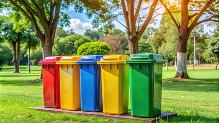 Colorful trash cans in park for waste segregation and recycling , trash cans, park, waste segregation, recycling, modern