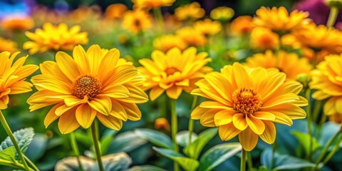 Fototapeta premium Vibrant yellow flowers blooming in a lush garden, yellow, flowers, garden, nature, blooming, vibrant, sunny, petals, foliage