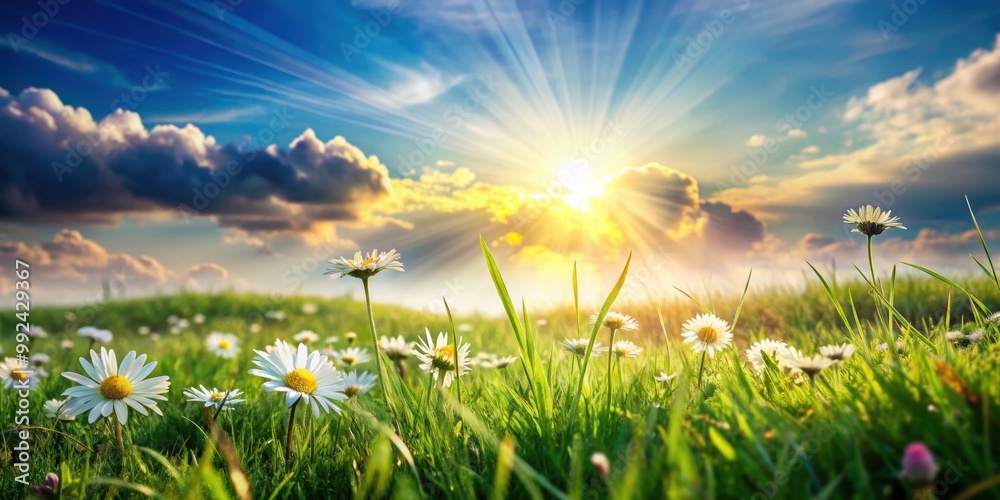 Wall mural grass flowers in the foreground with a scenic sky background and sunlight, grass, flowers, sky, sunl