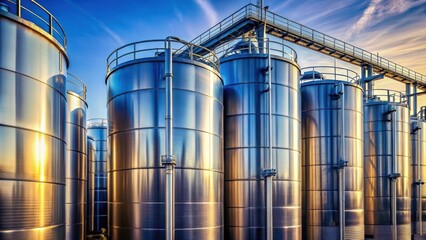 Fototapeta premium Close up of shiny fuel tanks on industrial site, fuel tanks, storage, industry, metal, containers, petroleum