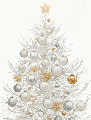Fototapeta premium Classic White Christmas Tree: A 2D illustration of a Christmas tree with white branches, decorated with silver and gold ornaments