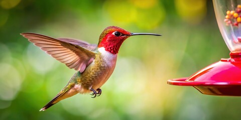 Fototapeta premium Red hummingbird flying towards birdfeeder, red, hummingbird, flying, feeder, bird, wildlife, nature, feeding