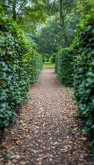 A path lined with lush green hedges leads to a grassy clearing, creating a sense of mystery and tranquility.