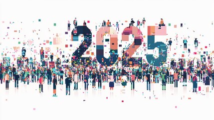 Flat 2D illustration of '2025', using pixel-art style characters in a digital