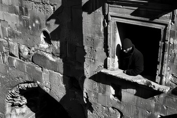 A man in a hooded jacket peers out of a window in a crumbling stone building.