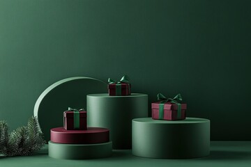 Christmas elegant studio minimalistic still life composition with several claret gift  boxes with green bows on green cylindrical podiums next to fir branches on green background with soft shadows.