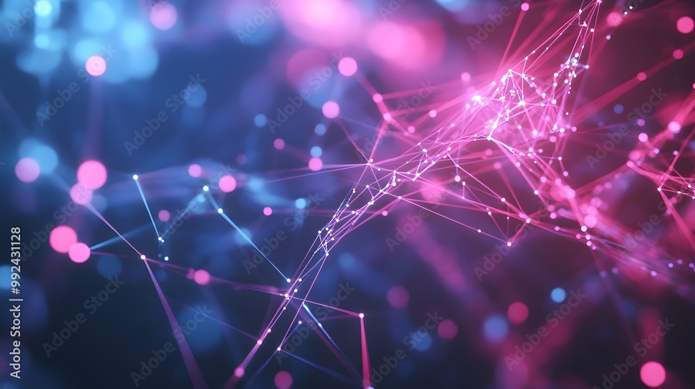 Poster abstract network of interconnected lines and dots with neon lights