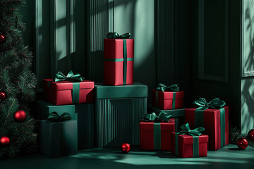 Christmas elegant studio minimalistic still life composition with many red gift  boxes with green bows on green embossed podiums next to fir branches on green embossed background with hard shadows.