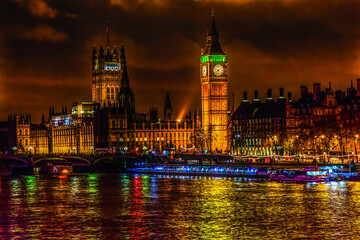 Big Ben Tower Houses of Parliament Thames River Night Westminster London England