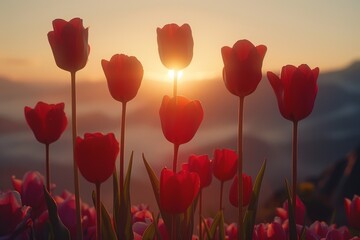 Obraz premium Red tulips bathed in the golden light of sunrise, a breathtaking display of nature's beauty.