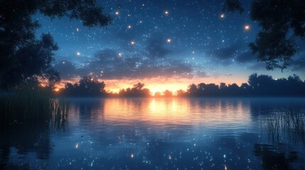Obraz premium Serene twilight over a calm lake with starry sky reflections.