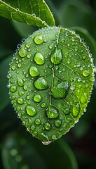 A single green leaf covered in raindrops, glistening in the sunlight.