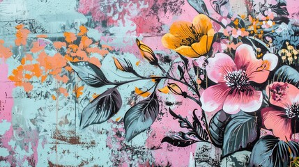 Obraz premium Graffiti wall with detailed botanical illustrations, delicate flowers and vines intertwining with bold street art patterns