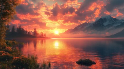 Obraz premium Serene sunset over a tranquil lake with mountains in the background.