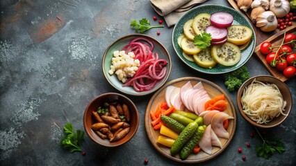 Top view of plates with lard and mustard pickled vegetables, food, pickled, vegetables, lard, mustard, savory, cuisine