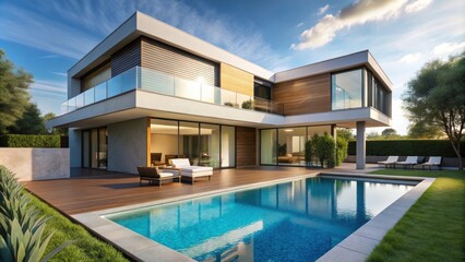 Fototapeta premium Contemporary house with a swimming pool, modern, architecture, luxury, exterior, design, outdoor, relaxation