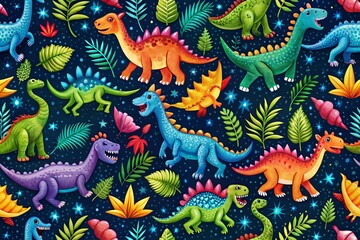 Obraz premium Colorful Dinosaur Pattern Design Ideal for Children’s Products, Apparel, and Playroom Decor Ideas