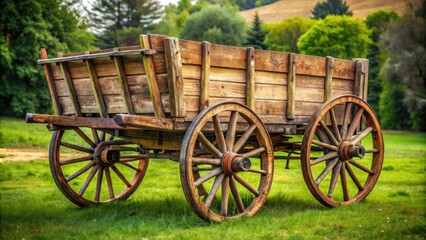 Fototapeta premium Old wooden horse-drawn rural wagon with four wheels, vintage, rustic, transportation, agriculture, farm