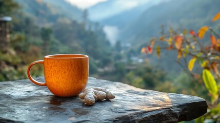 Sapodilla ginger tea served in a ceramic mug on a stone table at a meditation retreat with the mountains blurred in the background promoting relaxation and wellness Scientific name Manilkara zapota