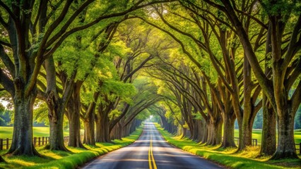 Obraz premium Scenic drive through a tree-lined country road , nature, trees, green, road, countryside, rural, peaceful, tranquil