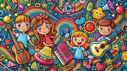 Colorful Doodle of Musical Instruments and Kids' Playful Elements for Creative Projects and Designs