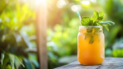 Sapodilla detox drink fresh mint leaves served mason jar patio wellness retreat the surrounding tropical garden softly blurred emphasizing its refreshing qualities Scientific name Manilkara zapota