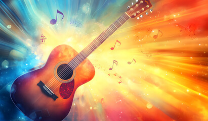 Naklejka premium Vibrant Acoustic Guitar with Colorful Abstract Art Background – Music and Creativity Concept design