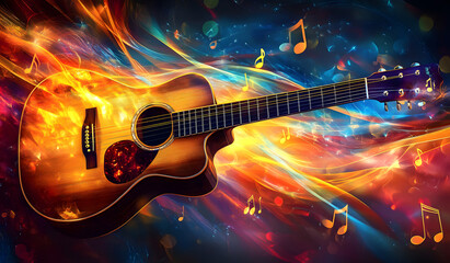 Obraz premium Vibrant Acoustic Guitar with Colorful Abstract Art Background – Music and Creativity Concept design