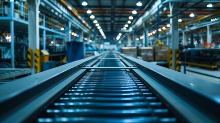Conveyor belts and machinery in an industrial warehouse, showcasing the robust design and functionality of the equipment