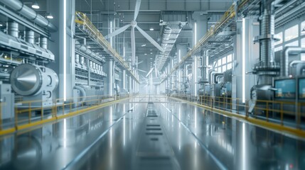 Obraz premium Futuristic industrial workshop with automated systems and integrated green energy, featuring wind turbines and advanced machinery