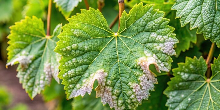 Powdery mildew on grape leaves, a common wine grape disease, caused by Uncinula necator, grape, vineyard, wine, disease, pest