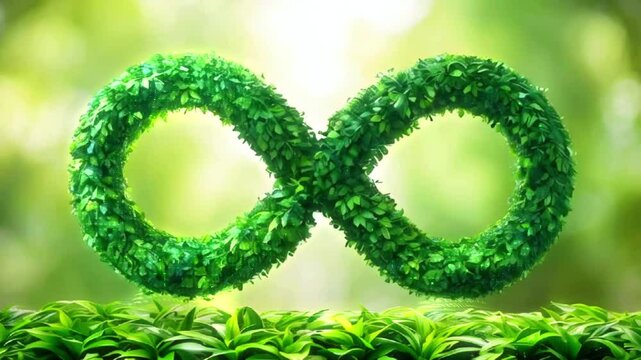 Infinity symbol made of green leaves over green grass and blurred green background.