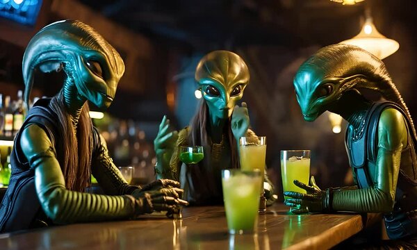 Three aliens are sitting at a bar, enjoying drinks and conversation.