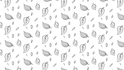 Seamless pattern with hand drawn leaves. Black and white vector illustration.