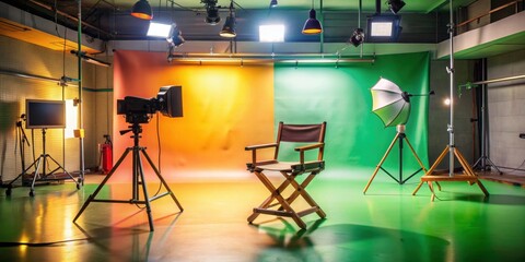 Director's chair and camera equipment in vibrant studio backstage setting, director's chair, equipment, colorful