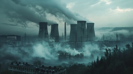 Fototapeta premium Cooling towers of a power plant with a misty backdrop and surrounding industrial landscape