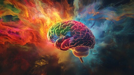 Obraz premium Colorful Human Brain Surrounded by Abstract Nebula