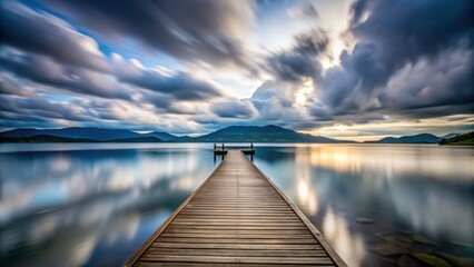 Obraz premium Long exposure shot capturing dramatic clouds over wooden jetty on Lake Yamanaka in Japan, dramatic, clouds