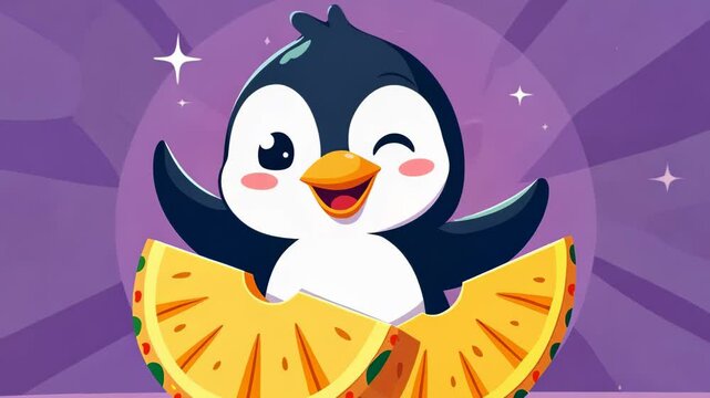 Adorable cartoon penguin emerging from pineapple halves. Purple circular backdrop with sparkles. Whimsical scene blends tropical and arctic elements. 
