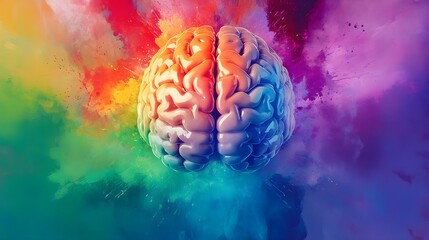 A 3D Rendered Human Brain Surrounded by Colorful Splashes